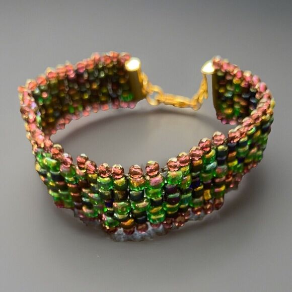 Artist Handmade Seed Bead Bracelet, Multicolor: Blues, Greens, Purples - Picture 4 of 6